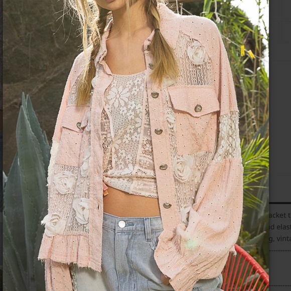 POL Floral Appliqué Button Down Jacket Shacket - Picture 2 of 5
